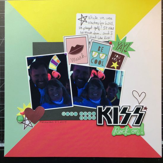 scrapbook layout of us playing miniature golf sponsored by KISS.