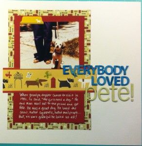 Scrapbook LO of a small white dog with black ears called pete.