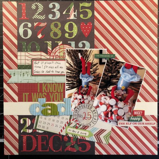 scrapbook layout of our elf on the shelf Sprinkle.