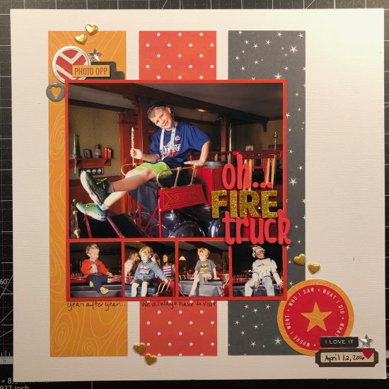 Scrapbook layout of Sean on the fire truck at Disneyland